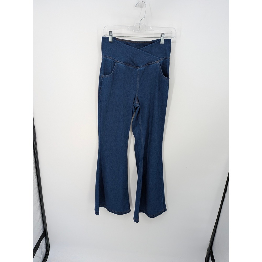 Halara Flex Denim Pants Women Medium Blue Crossover Flare Leg Casual Pull On - Picture 2 of 8